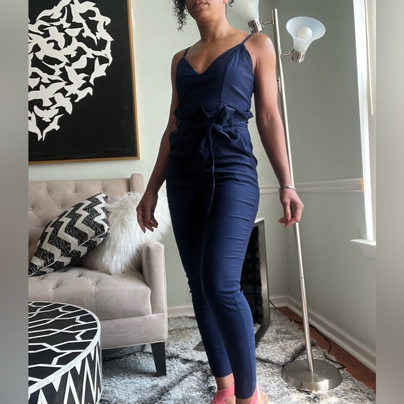 Windsor Navy Blue Spaghetti Strap Back Zip Sleeveless Jogger Style Jumpsuit - Picture 3 of 15